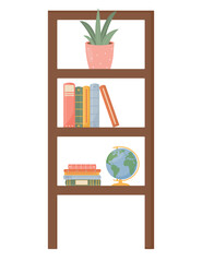 Wooden bookshelf with books, globe and plant flat vector illustration &ndash; cozy home interior decor, education and reading concept