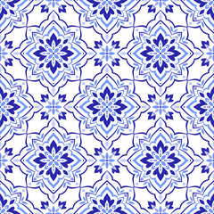 Mediterranean blue seamless pattern. Ethnic mosaic design. Azulejo, talavera, or majolica motifs. Portuguese, Italian, Spanish, Sicilian tile. Floral ornament. Hand drawn vector illustration © Vodoleyka