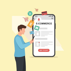 Man interacting with large smartphone e commerce.