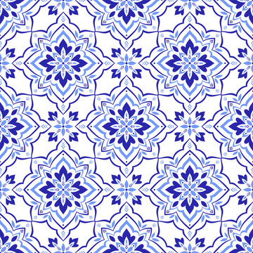 Mediterranean blue seamless pattern. Ethnic mosaic design. Azulejo, talavera, or majolica motifs. Portuguese, Italian, Spanish, Sicilian tile. Floral ornament. Hand drawn vector illustration