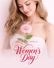 International women&rsquo;s day elegant portrait with pink flower poster