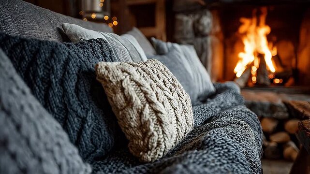 Cozy winter atmosphere features chunky knit grey pillows and a blanket on a sofa with a roaring fireplace in the blurred background.