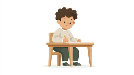 Fototapeta premium Young caucasian male child drawing at wooden table on white background