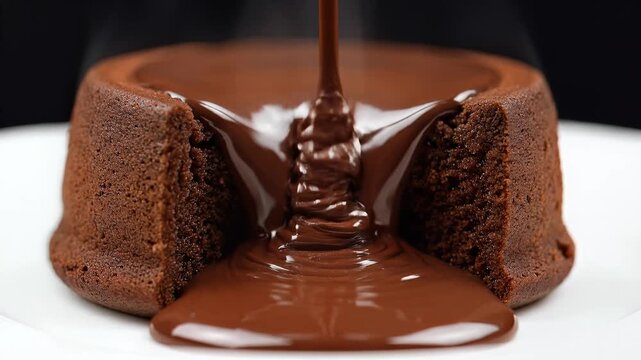 Melted chocolate drips onto a rich cocoa cake, forming a decadent chocolate sauce around the moist chokolate cake.