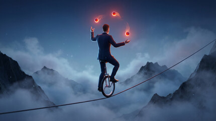 Businessman On A Tightrope Unicycle Juggling Fiery Orbs Over Foggy Mountain Peaks.