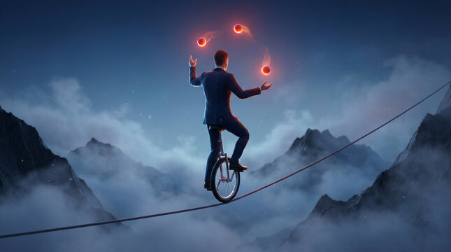 Businessman On A Tightrope Unicycle Juggling Fiery Orbs Over Foggy Mountain Peaks.