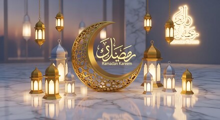 Ramadan kareem celebration crescent moon lanterns festive background