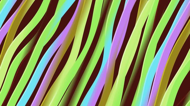 Vibrant multicolored zebra pattern with neon green, pink, blue, and brown stripes on a dark background