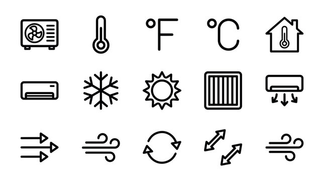 Set of black line icons for air conditioning, heating, and ventilation systems, including symbols for temperature, airflow, cooling, and climate control in a minimalist vector style