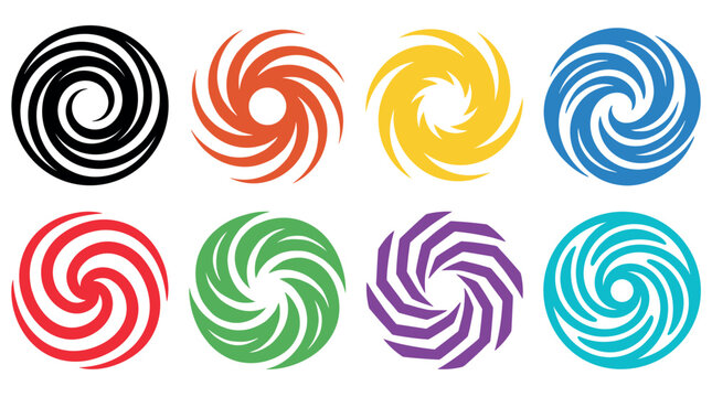 Set of eight colorful spiral icons representing hurricanes, cyclones, and storms in a flat vector graphic design style for various concepts like weather and energy