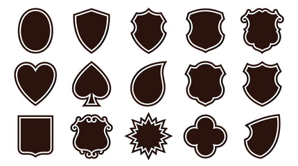 Collection of dark brown shield shapes and emblem templates in various classic and ornate styles, including heart, spade, and starburst forms for creating custom logos or badges