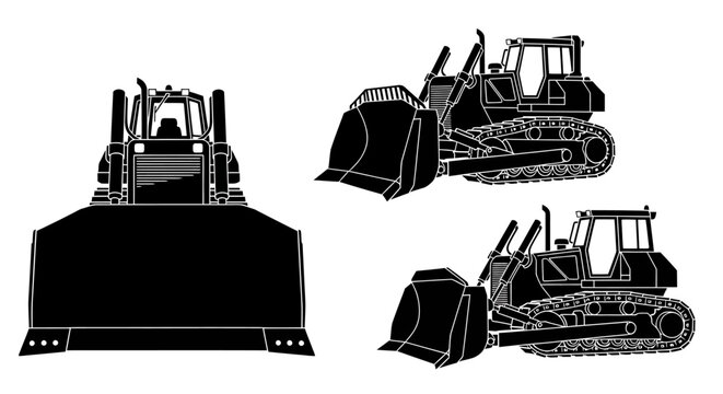 Heavy machinery equipment bulldozer vector illustrations showcasing various viewpoints and construction site preparation