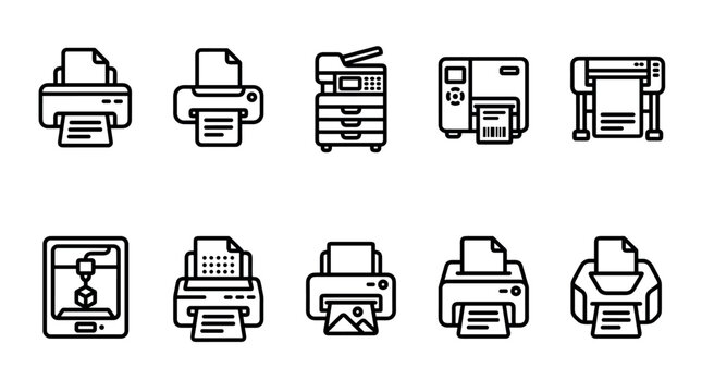 Set of black line art printer icons showing various types of office and industrial printing equipment like plotters, copiers, and 3D printers in a minimalist vector style