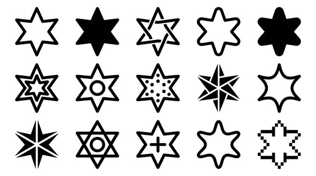 Collection of black six-pointed star icons showing various modern graphic styles, including solid, outline, rounded, pixelated, interlaced, and abstract geometric designs