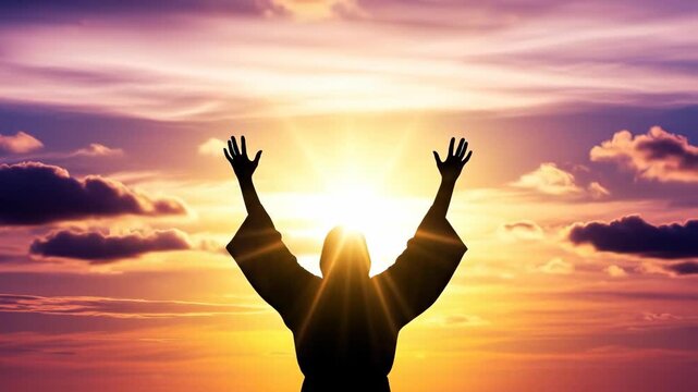 Man in robe silhouette with arms raised against radiant sunset sky with changing clouds, representing prayer and spiritual worship.