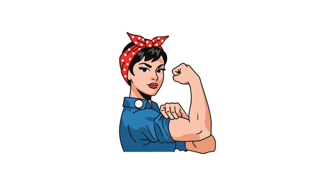 An iconic Rosie the Riveter-style woman with a red bandana flexes her bicep in a powerful retro illustration.