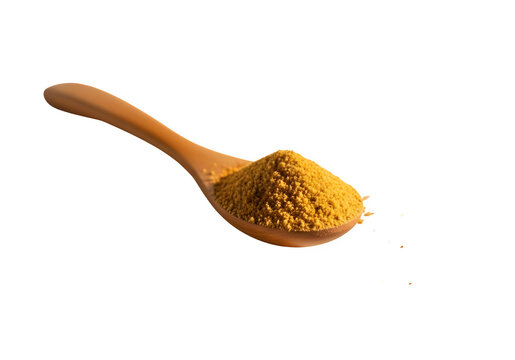 Wooden spoon filled with ground turmeric spice isolated PNG with Transparent Background