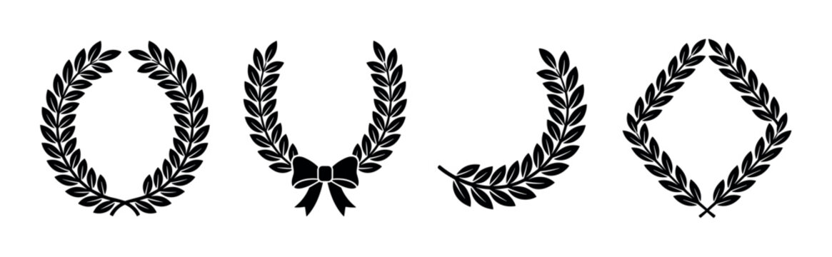 Collection of black laurel wreath icons in various shapes, including circular, U-shaped with a bow, a single branch, and a diamond frame for awards and achievements