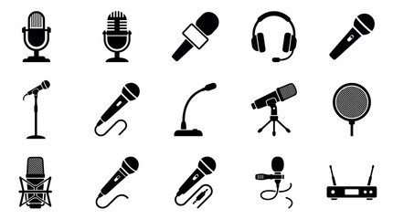 Obraz premium Collection of various audio recording equipment icons including different microphones, a headset, pop filter, and wireless system presented in a simple black silhouette style