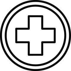 Fototapeta premium Minimalist black outline of a medical cross symbol inside a circle on a white background.