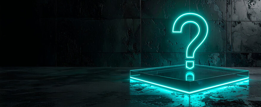 Cyan neon question mark symbol on glass pedestal. Dark stone wall background. Reflective floor surface. Glowing icon for help search support and artificial intelligence query concept. Studio light.
