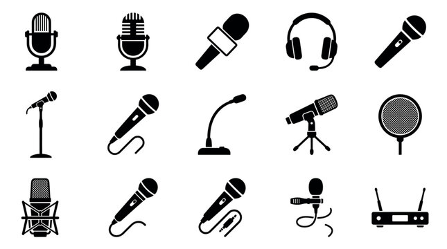 Collection of various audio recording equipment icons including different microphones, a headset, pop filter, and wireless system presented in a simple black silhouette style