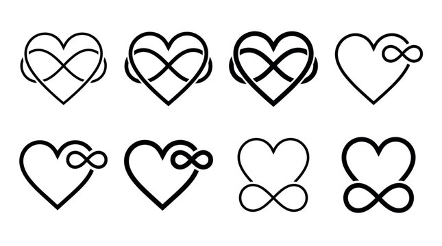 Set of black heart and infinity symbol icons representing eternal love, endless relationships, and polyamory in a minimalist graphic line art style collection
