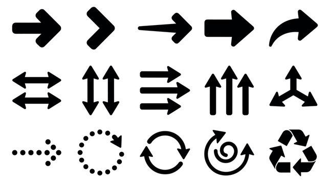 Diverse collection of black arrow symbols and graphic elements, featuring multiple styles for indicating direction, navigation, recycling, and various cyclical processes