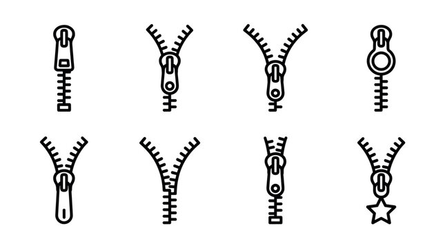 Collection of black line art zipper icons showing various fastener designs and pull tabs for clothing and accessories, presented as a minimalist graphic design element set