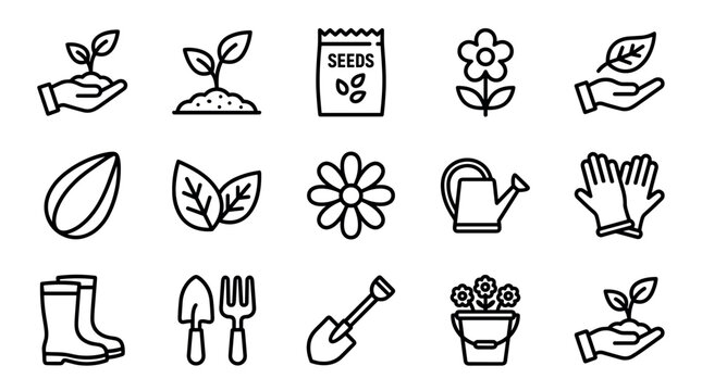 Gardening and planting line icon set featuring a seedling, seeds, flower, watering can, gloves, boots, and tools for agriculture and horticulture concepts in a simple vector illustration