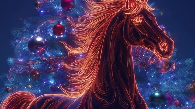 Neon horse silhouette with festive christmas tree background illustration