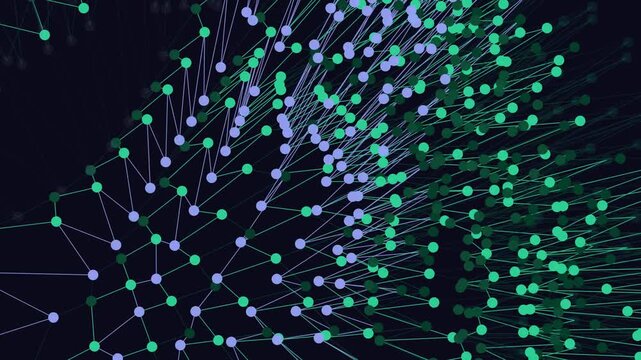 Network visualization with interconnected nodes and lines in green and purple hues on a dark background