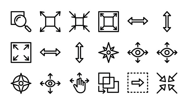 Collection of black line art icons for user interface design, featuring symbols for expand, contract, zoom, move, and view for web and mobile applications