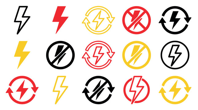 Colorful collection of lightning bolt vector icons and symbols for electricity, energy, charging, and high voltage warnings in a simple flat graphic design illustration