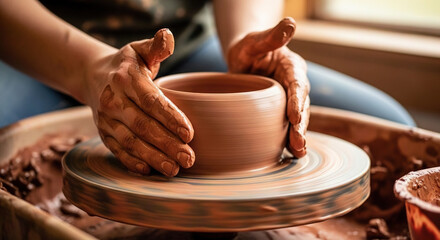 Hands shaping pottery on a wheel in a workshop
