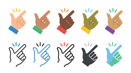 Obraz premium Collection of finger snap hand gesture icons in various flat color and outline styles, representing diverse skin tones and concepts of ease, simplicity, and quick action