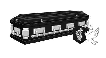 Black funeral coffin with silver handles and a religious crest featuring a dove, on a white background.