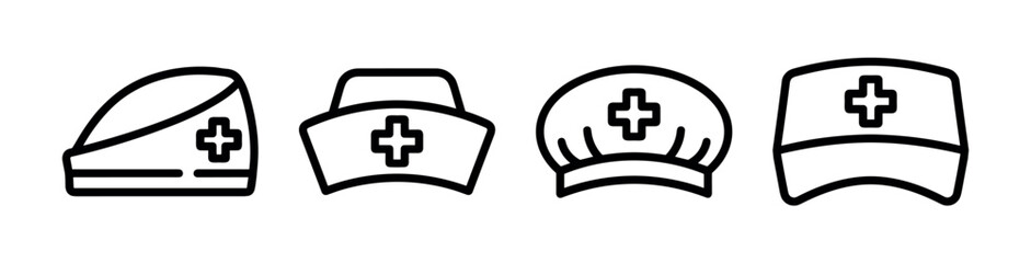 Obraz premium Four black line art nurse hats with medical cross symbols arranged in a row, a minimalist vector icon set representing different styles of professional healthcare headwear
