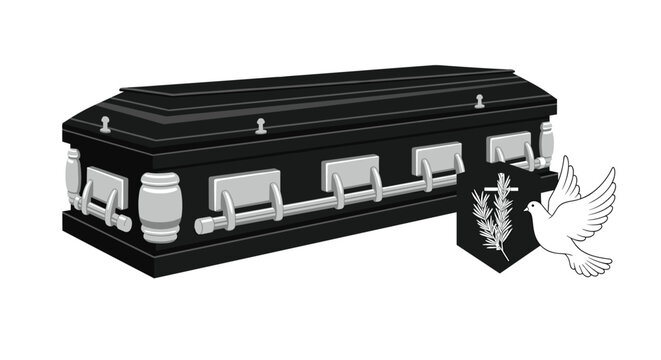 Black funeral coffin with silver handles and a religious crest featuring a dove, on a white background.