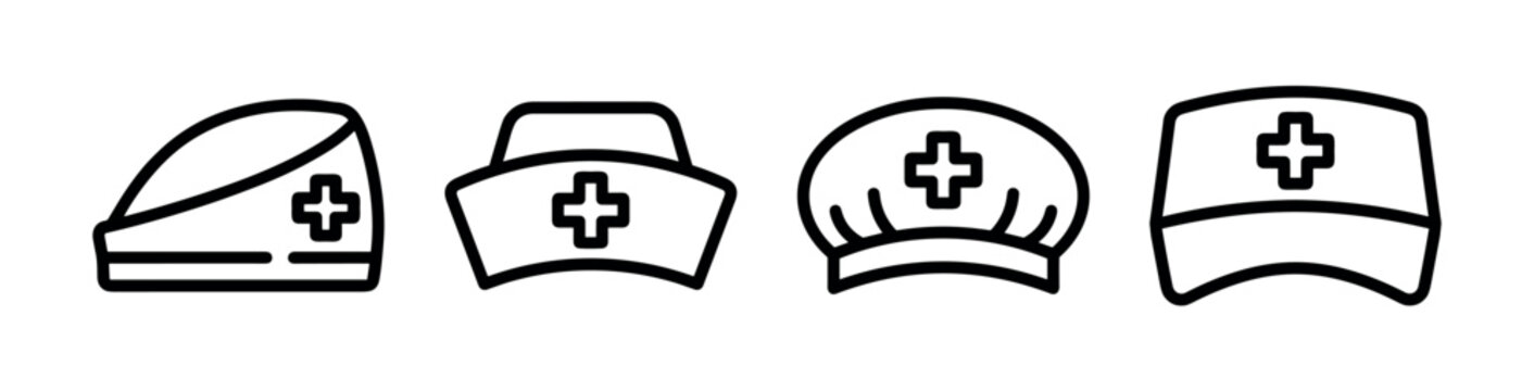 Four black line art nurse hats with medical cross symbols arranged in a row, a minimalist vector icon set representing different styles of professional healthcare headwear