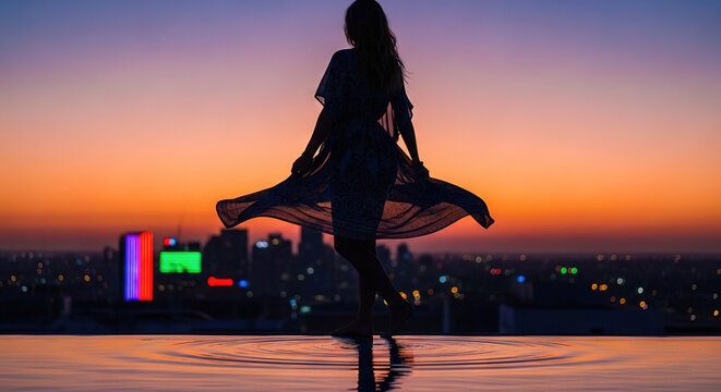Woman dancing at sunset on a rooftop with city lights in the background