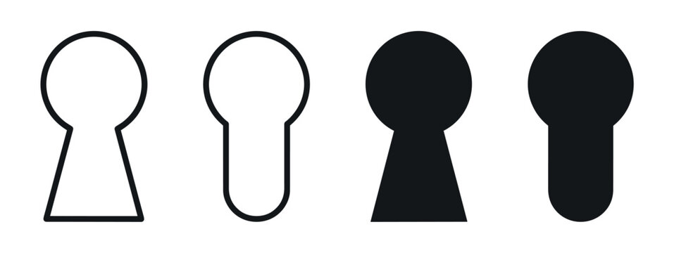 Collection of four minimalist black keyhole icons in various styles, including thin line art outlines and solid filled silhouettes, symbolizing security, privacy, and access