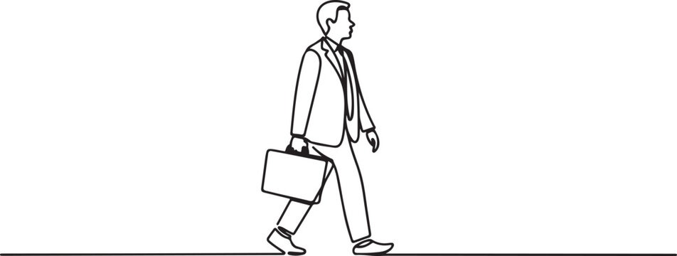 Minimalist one line drawing of businessman in profile walking with briefcase in formal suit and tie.one line vector illustration with white background