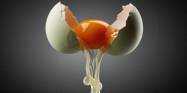 Egg cracking open with flowing yolk and shell halves on dark gradient background, dramatic food motion concept, high contrast splash with copy space