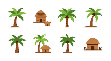 Obraz premium A collection of tropical palm trees and thatched roof huts in a flat design silhouette on transparent background high quality