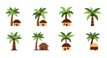 Obraz premium A collection of tropical island huts with palm trees presented in a flat vector style on transparent background silhouette