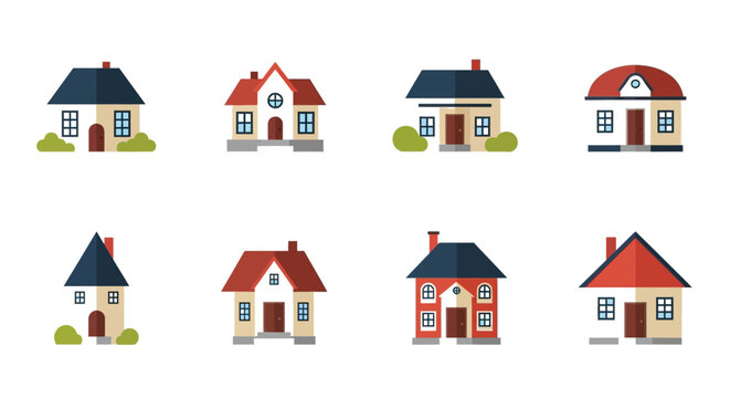 A collection of colorful simplified house icons arranged in a grid ideal for design projects on transparent background silhouette