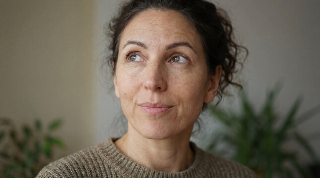 Gentle brown eyes of a thoughtful woman reflect a quiet morning in her peaceful abode, lost in dreams