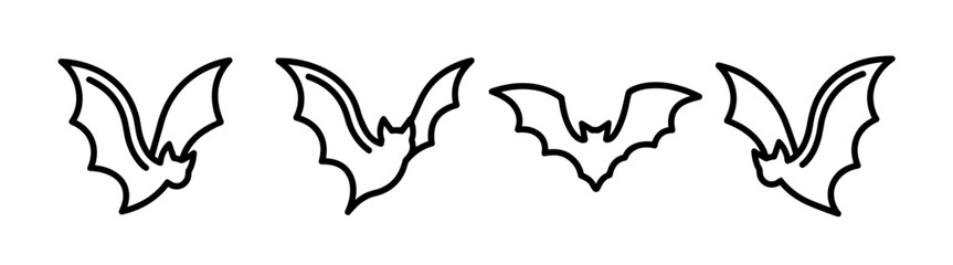 Four black outline bat illustrations flying in a row for a spooky Halloween design element, drawn in a simple minimalist line art style for a modern and clean look