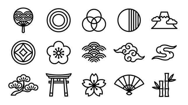 Set of traditional Japanese cultural icons in a minimalist black line art style, featuring a fan, torii gate, sakura blossom, mountain, and other symbolic elements